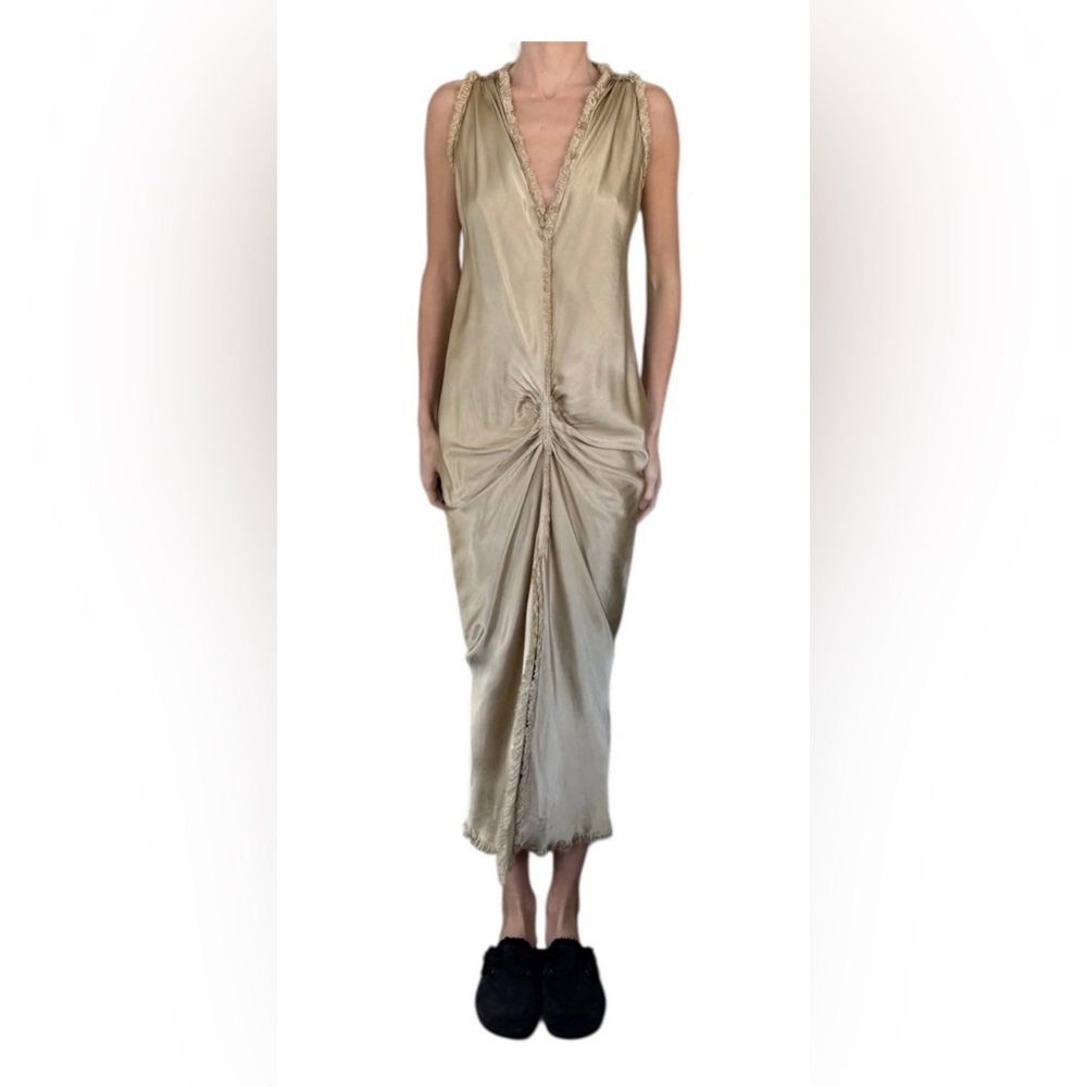 Jaga Satin Bias Cut Dress Gold Ruched Midi Sleeveless Frayed Trim Size 1 (US 6)